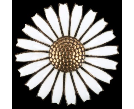 ANTON MICHELSEN - a Danish vermeil sterling silver and white enamel daisy pattern brooch, diameter 42.6mm, 16.8gNo damage or 