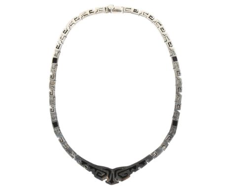 A heavy Mexican sterling silver and black enamel geometric necklace, stamped Taxco TC-146, necklace length approx 40cm, 87.3g