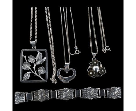 Various Danish stylised silver jewellery, comprising 3 x pendant necklaces and 1 x bracelet, largest pendant height 56.1mm, b
