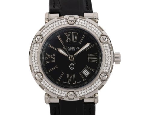 CHARRIOL - a stainless steel and diamond Rotonde quartz wristwatch, ref. RT38, black dial with Roman numeral hour markers, mo