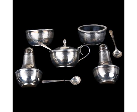 An Art Deco George V silver 5-piece cruet set, with engine turned decoration, by Joseph Gloster Ltd, hallmarks Birmingham 193