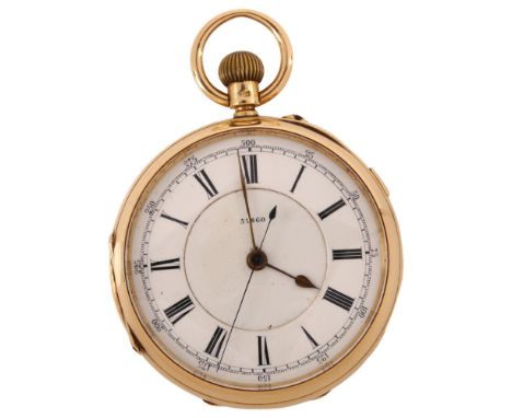 A late 19th century 18ct gold open-face keyless chronograph pocket watch, white enamel dial with Roman numeral hour markers a