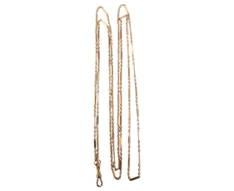 An Antique 9ct rose gold rope and bar link long guard chain, with 9ct dog clip, chain length 150cm, 31gNo damage or repairs, 