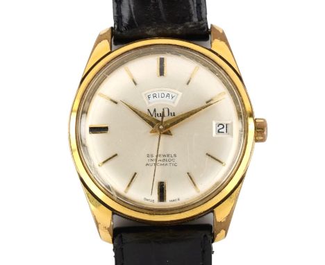 MUDU - a Vintage gold plated stainless steel automatic wristwatch, silvered dial with gilt baton hour markers, sweep centre s