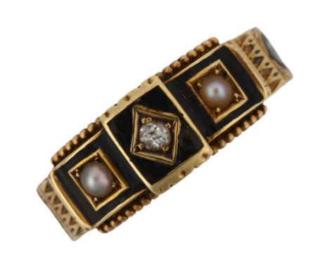 A Victorian 15ct gold diamond pearl and black enamel memorial band ring, with engraved shank, maker's marks WGM, hallmarks Ch