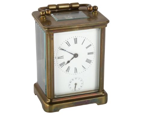 A French brass-cased alarm carriage clock, white enamel dial with Roman numeral hour markers, blued steel hands and subsidiar