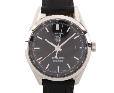 TAG HEUER - a stainless steel Carrera Twin-Time automatic wristwatch, ref. WV2115, black dial with baton hour markers, red ti