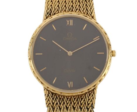 OMEGA - a Vintage gold plated stainless steel De Ville quartz bracelet watch, ref. 391.0837, space grey crosshatch dial with 