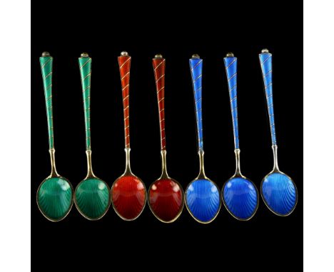 EGON LAURIDSEN - a set of 7 Danish vermeil sterling silver and harlequin enamel coffee spoons, with enamel bowl, length 9.5cm