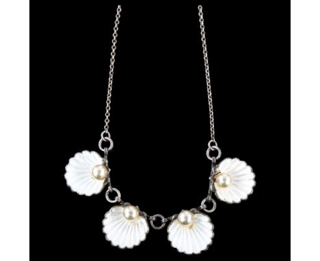A mid-20th century sterling silver cultured pearl and white enamel clam necklace, necklace length 40cm, 15.5gA few enamel chi