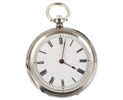 A Swiss sterling silver open-face key-wind pocket watch, white enamel dial with Roman numeral hour markers, blued steel hands