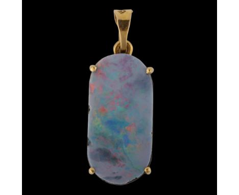 A modern 18ct gold opal doublet pendant, height 30.9mm, 2.1gOpal has several edge chips, settings lightly abraded, marks clea