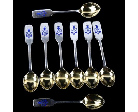 ANTON MICHELSEN - a set of 8 Danish sterling silver and blue enamel abstract coffee spoons, length 9.5cm, 2.7oz totalNo damag