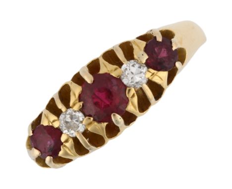 An early 20th century 18ct gold graduated five stone ruby and diamond half hoop ring, setting height 6.1mm, size N, 3.5gNo da