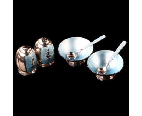 VOLMER BAHNER - a Danish stylised silver and blue enamel 4-piece cruet set, comprising pair of pepperettes and pair of salt c