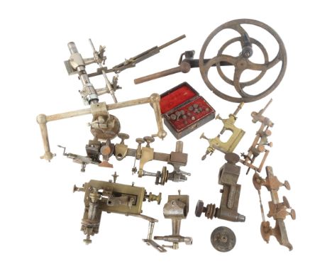A quantity of watchmaker's bench tools, including lathe, jacot tool etc 