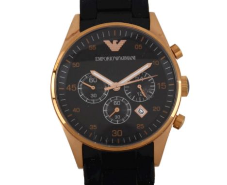 EMPORIO ARMANI - a rose gold plated stainless steel quartz chronograph bracelet watch, ref. AR-5905, black dial with 3 subsid