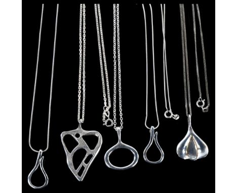 5 Danish modernist silver pendant necklaces, makers include Aagaard, largest pendant height 44.4mm, 39.2g total (5)No damage 
