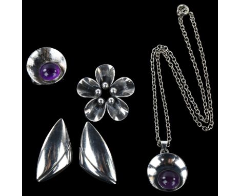 NIELS ERIK FROM - a group of Danish modernist sterling silver jewellery, comprising matching amethyst pendant necklace and ri