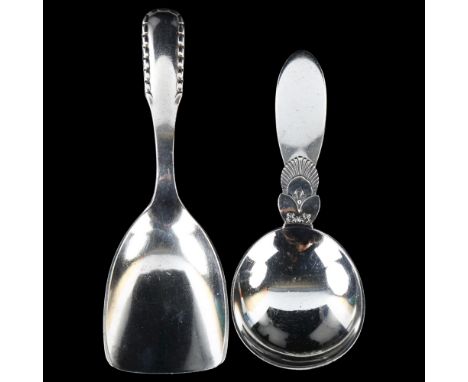 GEORG JENSEN - 2 Danish sterling silver tea caddy spoons, in cactus and rope/perle design, largest length 11cm (2)No damage o