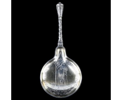 A large Danish silver Apostle spoon, engraved figural decoration with text, by Christesen, length 16.5cmNo damage or repairs,