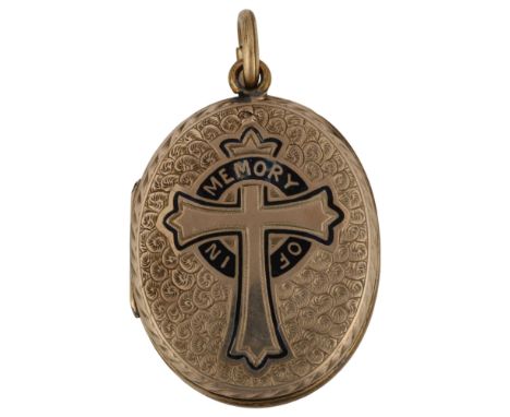 A Victorian gold plated enamel memorial photo locket pendant, allover engraved decoration with cross motif, pendant height ex