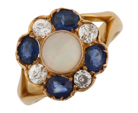 An Antique 18ct gold opal sapphire and diamond cluster flowerhead ring, set with round cabochon opal, oval mixed-cut sapphire