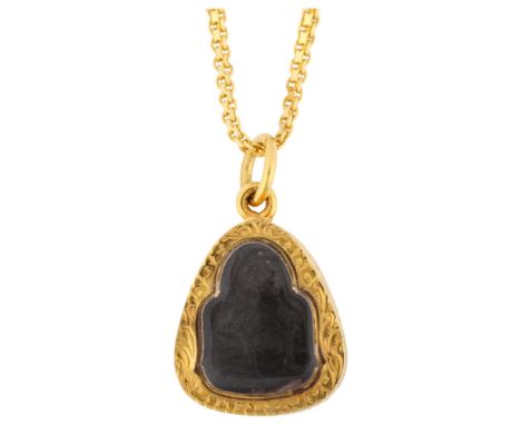 A Thai Phra Pidta Buddha amulet pendant necklace, in high carat gold engraved frame with high carat gold chain, amulet height