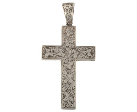 A Victorian cross pendant, unmarked silver settings with engraved foliate design, pendant height 67.3mm, 10.8gNo damage or re