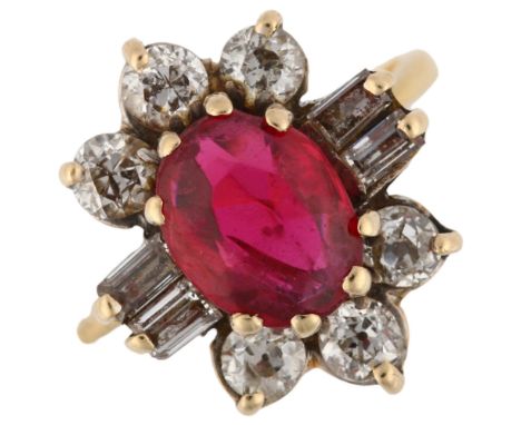 A late 20th century synthetic ruby and diamond cluster ring, unmarked gold settings with oval mixed-cut ruby and baguette and