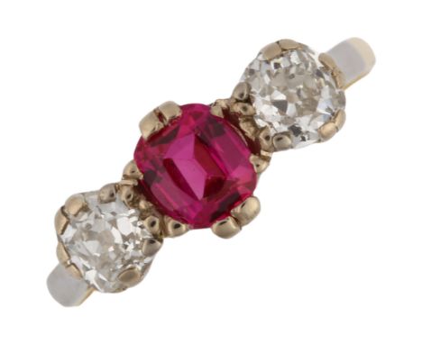 A three stone synthetic ruby and diamond ring, set with oval mixed-cut ruby and old-cut diamonds, total diamond content appro