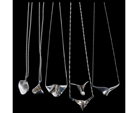 6 Danish modernist silver fold pendant necklaces, largest width 45.4mm, 39.9g total (6)No damage or repairs, only light surfa