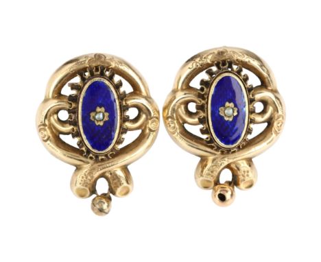 A pair of 19th century split pearl and blue enamel clip-on earrings, unmarked yellow metal settings, earring height 31mm, 5.4