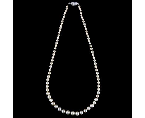 CARTIER - a natural saltwater pearl and diamond necklace, a graduated strand of 82 natural pearls of 7.9mm - 4.3mm, marquise 