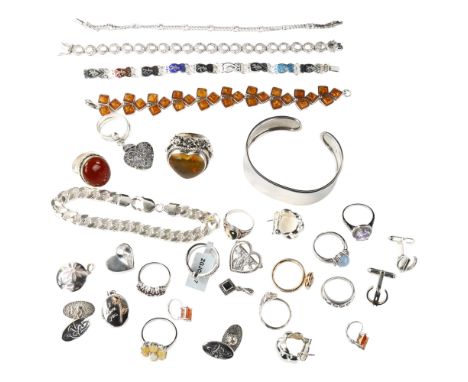 Various silver jewellery, including torque bangle, amber bracelet, rings etc, 229g grossLot sold as seen unless specific item