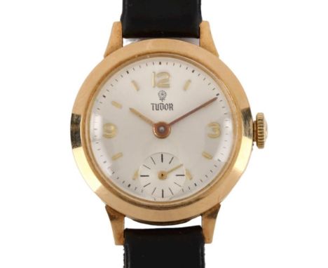 TUDOR - a lady's 9ct gold mechanical wristwatch, silvered dial with gilt quarterly Arabic numerals and subsidiary seconds dia
