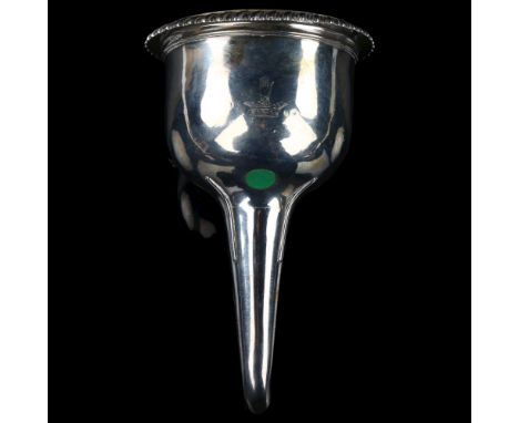 A George IV silver wine funnel, with strainer insert, gadrooned rim and shell clip, by Rebecca Emes and Edward Barnard, hallm