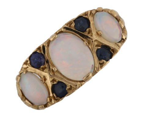 A late 20th century 9ct gold opal and sapphire half hoop ring, set with oval cabochon opal and round-cut sapphires, maker's m