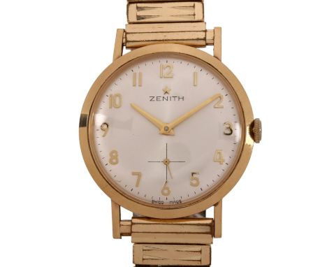 ZENITH - a Vintage 9ct gold mechanical bracelet watch, ref. 43497, circa 1960s, silvered dial with gilt Arabic numerals, subs