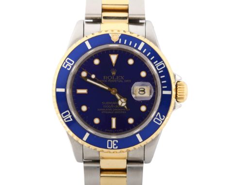 ROLEX - a bi-metal Submariner Oyster Perpetual Date automatic bracelet watch, ref. 16613, circa 1993, purple/blue dial with d