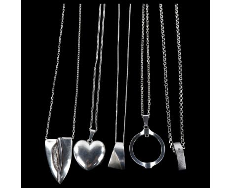 5 Danish stylised silver pendant necklaces, makers include Randers Solvvarefabrik, largest pendant height 43.5mm, 72.1g total