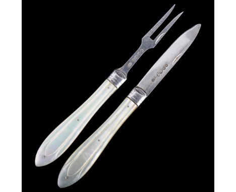 A Victorian silver and mother-of-pearl fruit knife and pickle fork set, by Thomas Marples, hallmarks Sheffield 1864, blade le