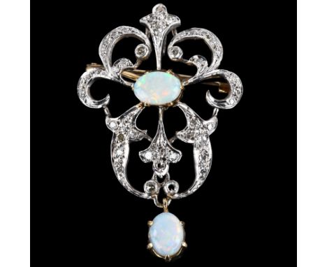 A late 20th century 9ct white gold opal and diamond openwork pendant/brooch, in Art Nouveau style, hallmarks London 1978, pen