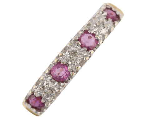 A modern 9ct gold ruby and diamond half eternity ring, setting height 3.7mm, size N, 1.6gNo damage or repairs, all stones pre