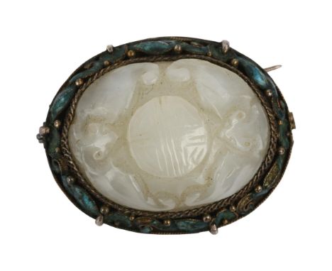 A Chinese jade and enamel Good Fortune brooch, relief carved with bats and seal, in unmarked white metal setting, brooch leng