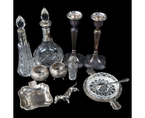 Various silver and silver plate, including Goldsmiths & Silversmiths glass dish, pair of candlesticks etcLot sold as seen unl