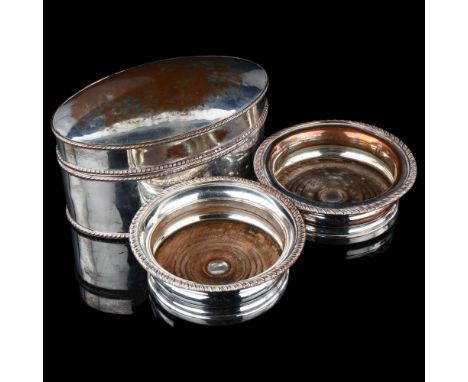 A silver plated biscuit box and a pair of silver plated wine coasters, diameter 13cmLot sold as seen unless specific item(s) 