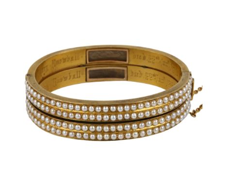 A Victorian split pearl memorial double-hinged bangle, 2 separate bracelets joined into 1, unmarked yellow metal settings, ea