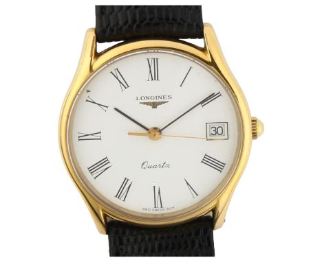 LONGINES - a gold plated stainless steel quartz wristwatch, white dial with Roman numeral hour markers, sweep centre seconds 