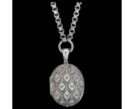 A Victorian photo locket pendant necklace, unmarked silver settings with unmarked silver collar chain, pendant height 55.4mm,